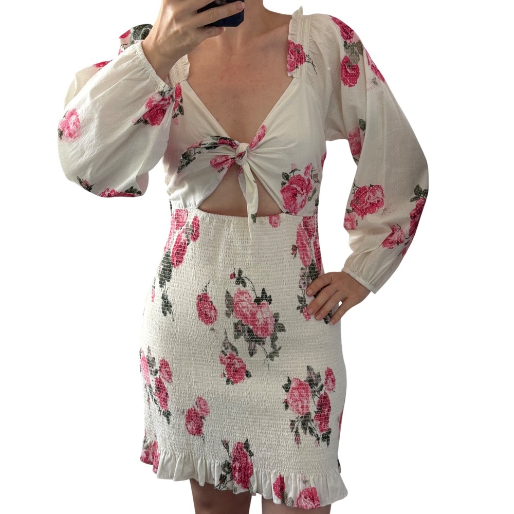 LoveShackFancy Floral Smocked Mini Dress Pink Rose Cotton Cutout Tie Front Small